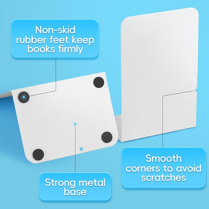 M&G Book Ends 1 Pair, White Large Metal Bookends for Shelves, L-Type Book Stopper for Heavy Books, Non-Skid Bookstand for Office Home School Supplies-Ruum Studio Home