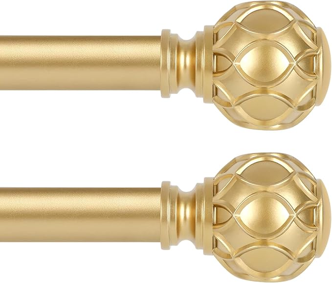 Gold Adjustable Curtain Rods for Windows:Farmhouse Heavy Duty Curtain Rod for Bedroom Living Room,Boho Decorative Rustic Drapery Rod with Vintage Coastal Finials,Brass Gold 2 Pack 66-120"-Ruum Studio Home