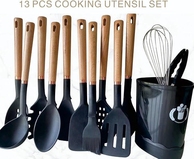 13-Piece silicone utensil set wood handle nonstick cookware safe dishwasher safe kitchen tools BPA free heat resistant (450°F/230°C) ceramic pan safe cooking gifts housewarming (Black)-Ruum Studio Home