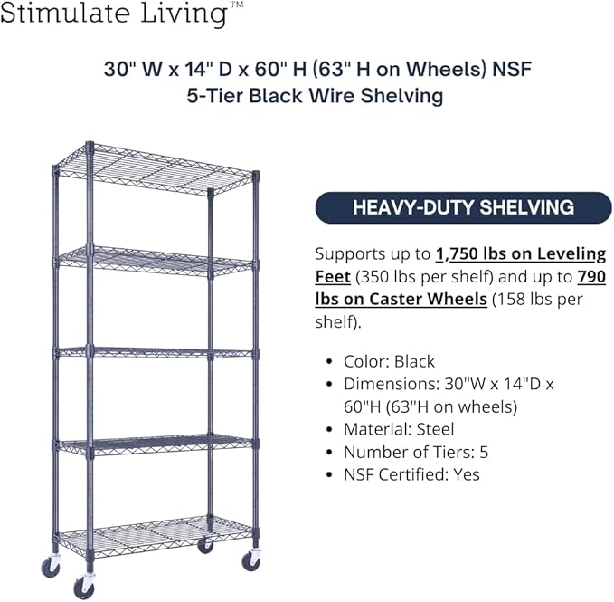 30"x14"x60" PRIME HEAVY DUTY Black 5-Tier Wire Shelving 1,750 LBS MAX Capacity Storage Rack for Commercial, School, Home, Garage, Warehouse, Industrial, and Hospital Uses (with Wheels)-Ruum Studio Home