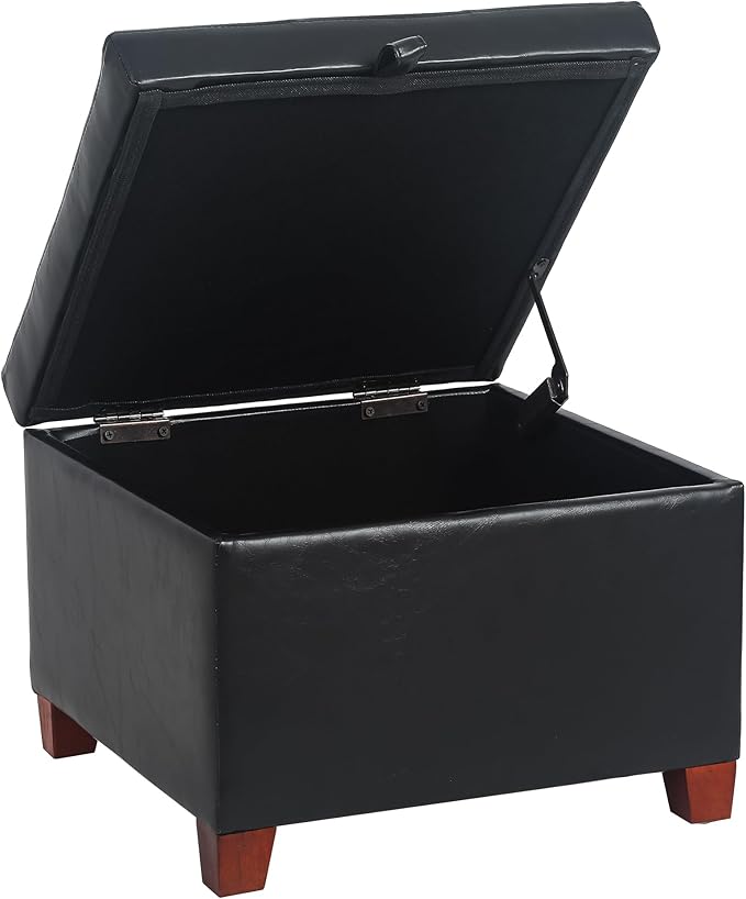 Adeco Faux Leather Storage Ottoman with Hinged Lid, 14 Inch High Black Square Cube Foot Stool with Storage, Upholstered Vanity Stool with Solid Wood Legs for Living Room, Bedroom, Dorm-Ruum Studio Home