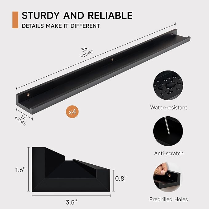 Picture Ledge Shelf for Wall, Floating Shelves Set of 4, 36 Inch Long Nursery Book Shelves for Toys Storage, Kids Bookshelf Wall Mounted for Books Photo Frames, Black-Ruum Studio Home