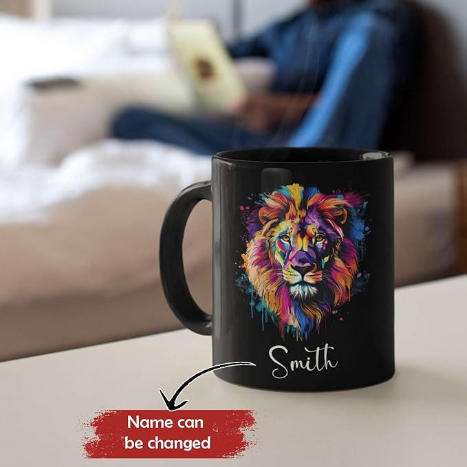 Personalized Lion Black Mug, Gift For Son Grandson, Custom Lion Coffee Cup With Name, Customized Colorful Animal Design Mug, Unique Animal Lover Cup 11oz 15oz-Ruum Studio Home