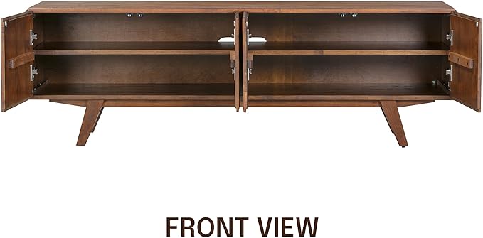 NTC Sapa Mid-Century Modern Solid Wood TV Stand 4-Door Media Console with Carved Geometric Fronts for TVs up to 75", Effortless Assembly, Dark Walnut-Ruum Studio Home