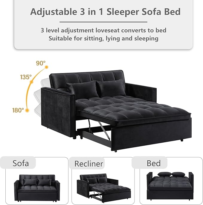 3 in 1 Convertible Sleeper Sofa Bed,Futon Loveseat Couch with Pull-Out Bed & Adjustable Backrest,Velvet Fabric Sofa with Side Pocket for Small Apartment, Living Room, Office (Black)-Ruum Studio Home