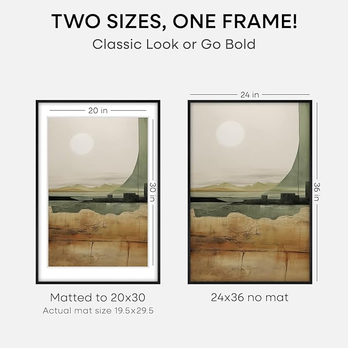 Homeforia 24x36 Black Wood Frame, High End Oak 24x36 Large Wooden Poster Frames with Mat 20x30 inch Photo, 24 x 36 Picture Frame Matted to 20 x 30, 36x24 Thin Frame, Tempered Glass, Wall Kit, Set of 1-Ruum Studio Home