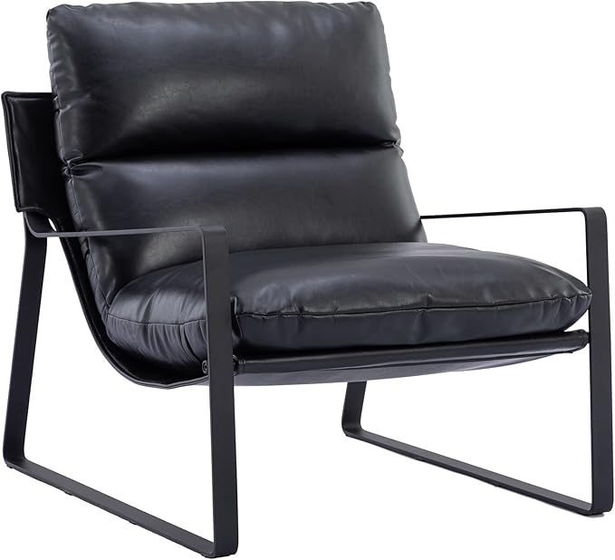 DUOMAY Mid-Century Accent Chair Armchair, Comfy PU Leather Leisure Chair Lazy Chair with Metal Leg for Living Room Bedroom Office Apartment, Black-Ruum Studio Home
