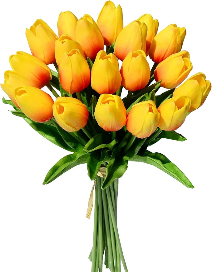 Mandy's Artificial Tulips 20 Stems Sunset PU Faux Flowers for Wedding Home Decor 13.5 Inch-Ruum Studio Home