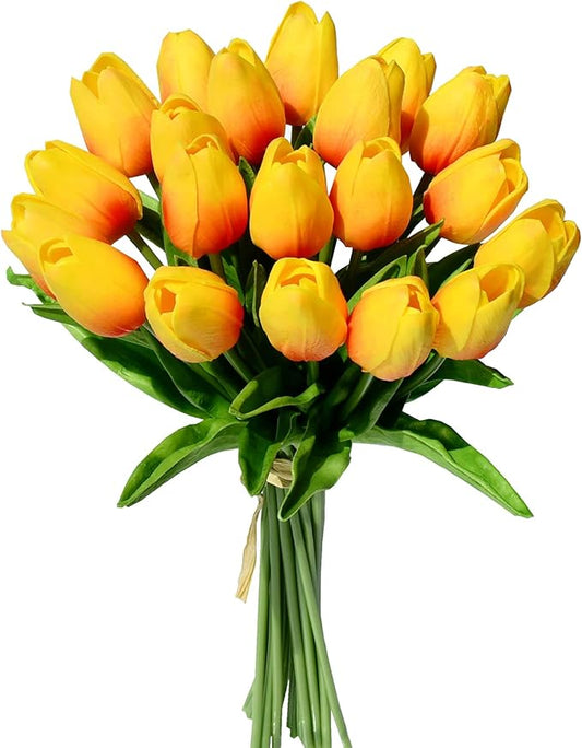 Mandy's Artificial Tulips 20 Stems Sunset PU Faux Flowers for Wedding Home Decor 13.5 Inch-Ruum Studio Home