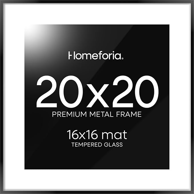 Homeforia 20x20 Picture Frame Black, High End Metal 20x20 Square Poster Frame Matted to 16x16 Print, 20 x 20 Black Frames with Mat 16 x 16 Photo, 20by20 Thin Frames, Tempered Glass, Wall Kit, Set of 1-Ruum Studio Home