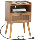 AWASEN Mid Century Nightstand with Charging Station, Modern Bedside Table with Glass Decorative Drawer, Small End Side Table with 2 Tiers Storage for Bedroom, Office and Small Space(Brown)-Ruum Studio Home