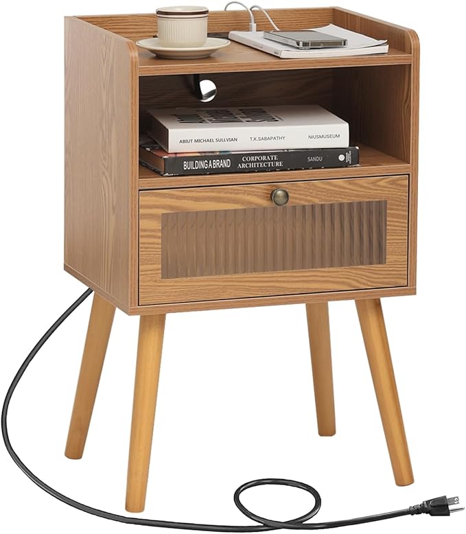 AWASEN Mid Century Nightstand with Charging Station, Modern Bedside Table with Glass Decorative Drawer, Small End Side Table with 2 Tiers Storage for Bedroom, Office and Small Space(Brown)-Ruum Studio Home
