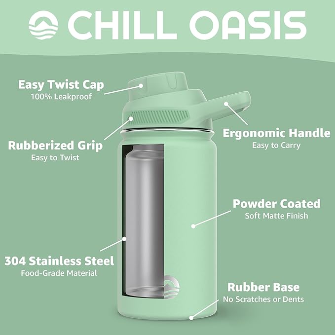 Chill Oasis Water Bottle | Compatible With Popular Flavor Cartridges | BPA Free, Leak Proof, Double-Walled Vacuum Insulated Stainless Steel, and Dishwasher Safe | Cold for 24 Hours (Sage, 12oz)-Ruum Studio Home