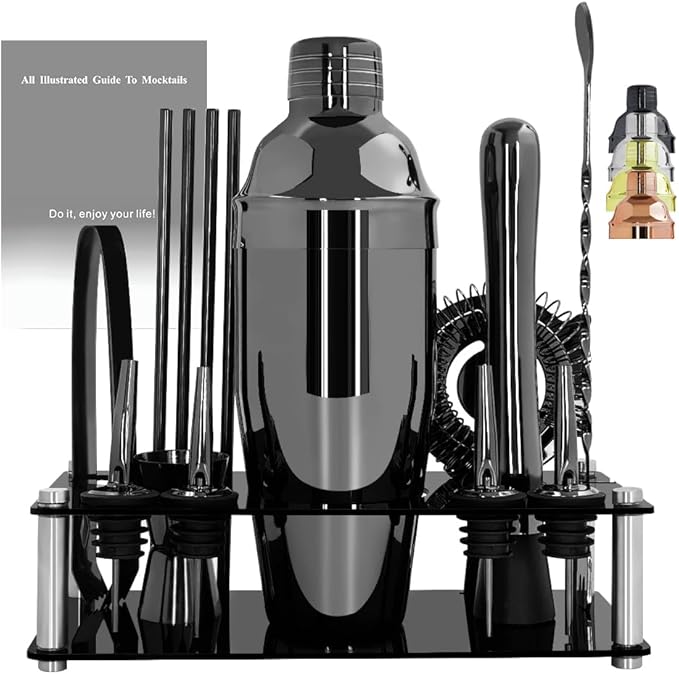 14-Piece Cocktail Shaker Set Bartender Kit with Black Stand, Bar Tool Set for Drink Mixing Bartending Kit Bar Sets Accessories: 750ml(25oz) Shaker, Jigger, Muddler, Cocktail Recipes (Black)-Ruum Studio Home