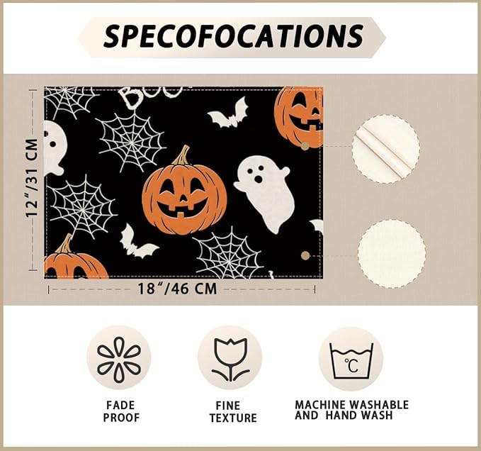 XCHI Boo Spooky Ghost Pumpkin Halloween Placemats Set of 4 Table Mats Table Decorations 12x18 Inch-Ruum Studio Home