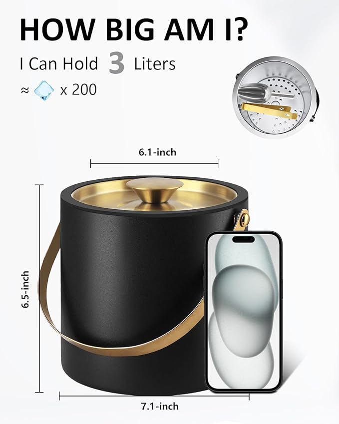 3L Ice Bucket with Silicone Lid, Scoop, Gold Tongs & Strainer, Stainless Steel Double Wall Insulated Ice Buckets for Parties & Cocktail Bar, Outdoor Champagne Ice Container Bin, Black-Ruum Studio Home
