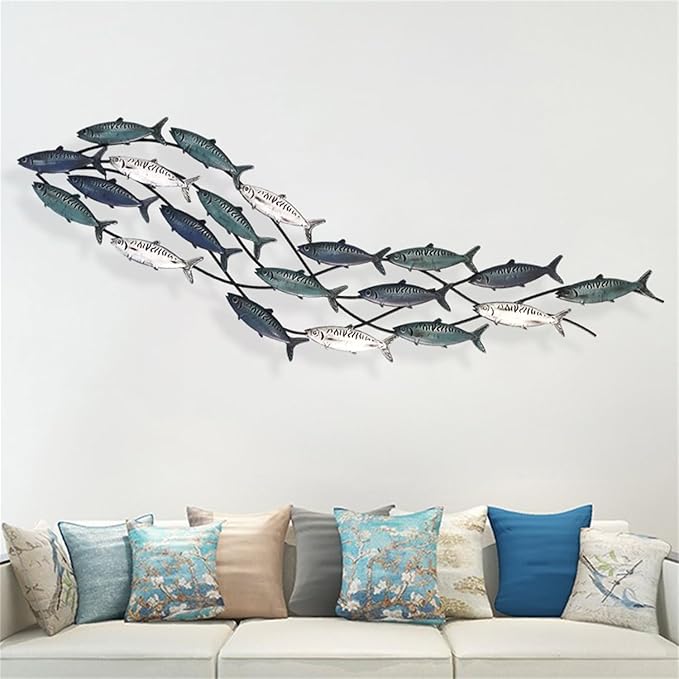 Coastal Metal Fish Wall Decor, Large Nautical Fish Wall Décor,School of 20 Fish Wall Art,3D Fish Wall Sculpture,Fish Metallic Art Decor,Perfect for Living Room,Bedroom,Beach Or Boat Decor,59" X 16.5"-Ruum Studio Home