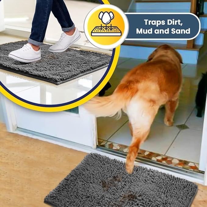 Muddy Mat® 4-Piece Grey Medium 30"X19" AS-SEEN-ON-TV Highly Absorbent Microfiber Door Mat, Bath Mat and Pet Rug, Non Slip Thick Washable, Soft Chenille for Kitchen Bathroom Bedroom Indoor and Outdoor-Ruum Studio Home