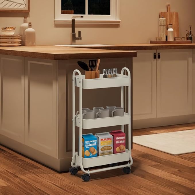 SunnyPoint Slim Rolling Storage Cart, 3 Tier Bathroom Storage Organizer Bathroom, Laundry Utility Cart (White)-Ruum Studio Home