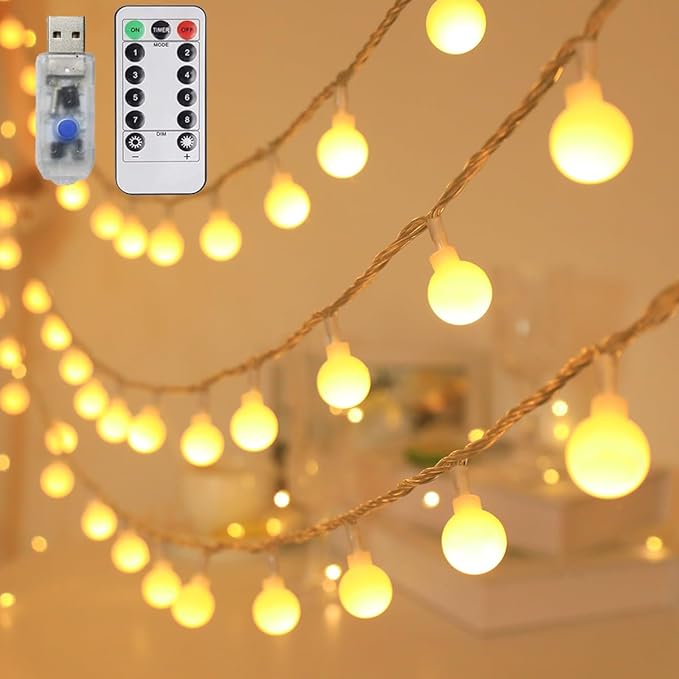 Globe String Lights 65.6 Ft. 120LEDs 8 Modes with Remote,USB Fairy Lights Plug in,Waterproof LED String Lights for Indoor Outdoor Bedroom Party Wedding Garden Christmas Tree Decor,Warm White-Ruum Studio Home