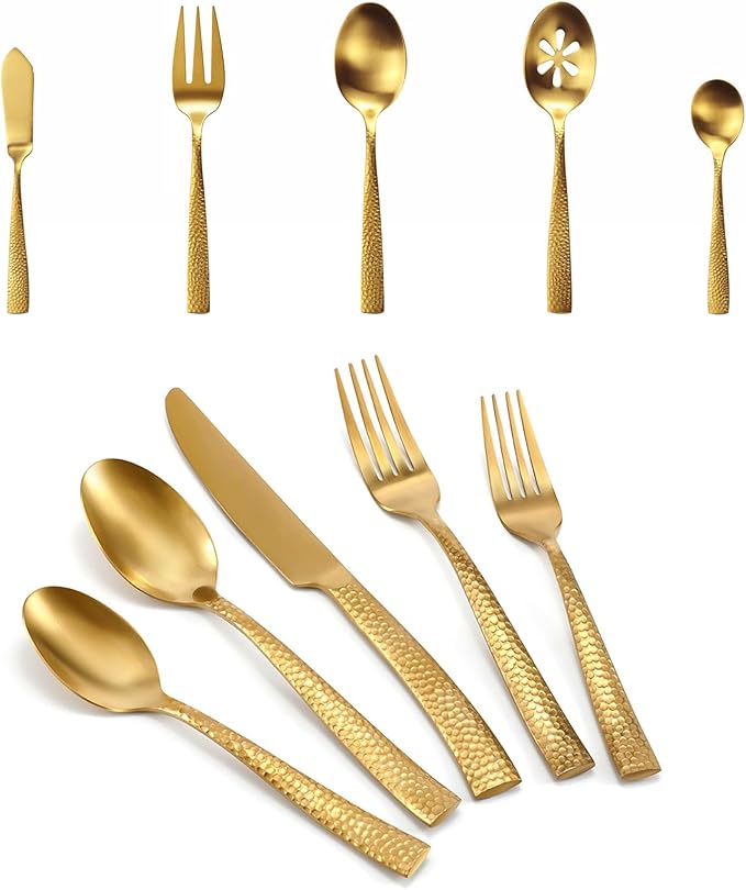 Silverware 45-Piece Matte Gold Hammered Flatware Set with Serving Utensils, Stainless Steel Thick Handle Matte Polished Cutlery Set for Wedding Hotel Restaurant, Service for 8-Ruum Studio Home