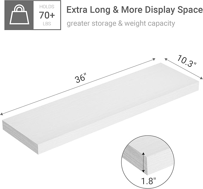 10 inches Deep Floating Shelves 36 inch Long, Wall Shelves Heavy Duty 70 lbs for Bedroom, Bathroom, Living Room, Kitchen, Office, Modern Shelf Home Decor with Invisible Bracket, White-Ruum Studio Home