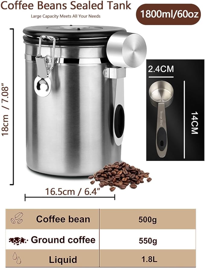Coffee Canister Airtight Storage Container 1.8L Stainless Steel Air Tight Coffee Jar with Scoop, Date Tracker CO2 Release Valve for Dry Food, Beans, Ground, Tea, Flour, Cereal and Sugar (Silver)-Ruum Studio Home