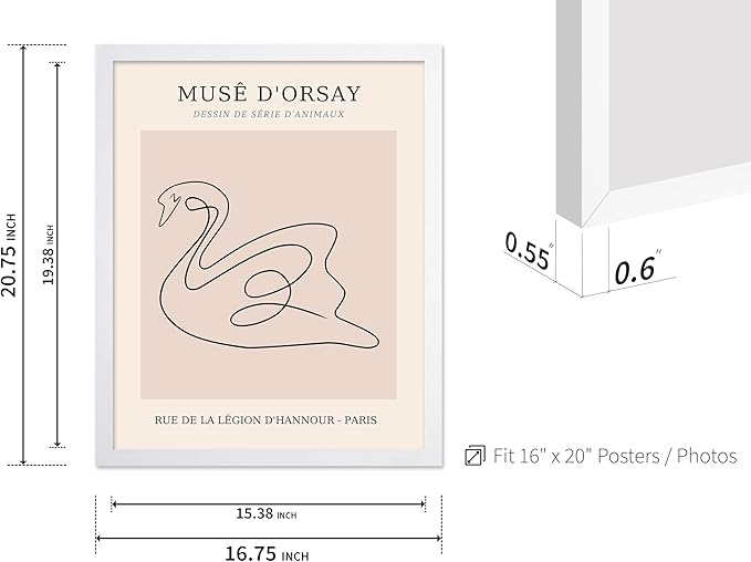 Poster Master Vintage Poster - Retro One Line Swan Drawing Print - Swan Art - Bird Art - Minimal Gift for Her, Animal Lover - Abstract Decor for Home, Office, Bedroom, 16x20 White Framed-Ruum Studio Home