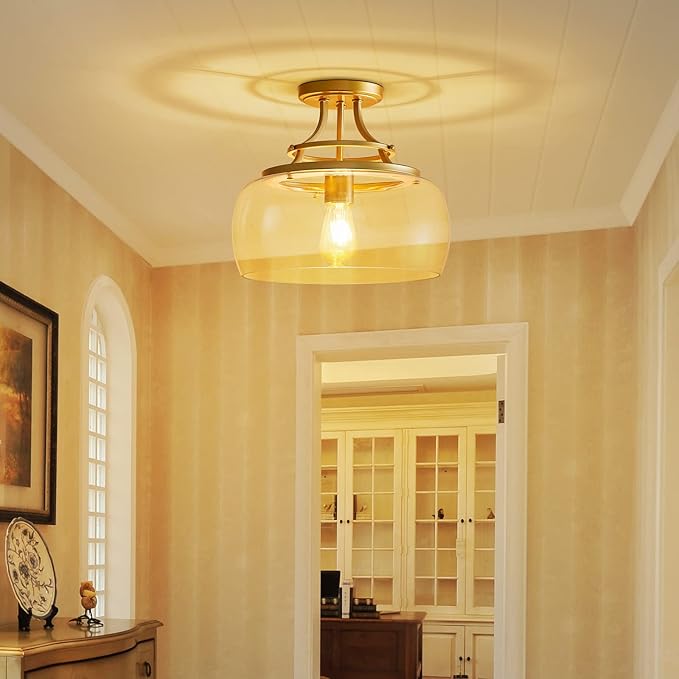 WUZUPS Chandelier Rustic Farmhouse Industrial Round Semi-flushmount Ceiling LED Light Fixture with Clear Glass Shades for Bathroom Kitchen Foyer Entryway, H 11.8" x W 13.4", E26 Base, Gold-Ruum Studio Home