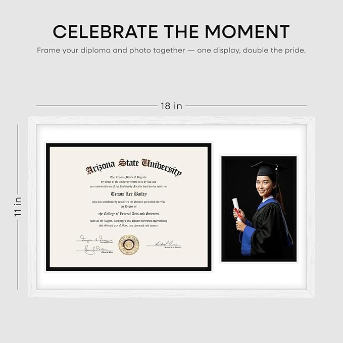 Homeforia 11x18 White Diploma Frame with Photo, High End Oak 11 x 18 Certificate Wood Frame with Mat 8.5x11 Diploma and 5x7 Picture, 18 by 11 Wooden Document Frames, Tempered Glass, Wall Kit, Set of 1-Ruum Studio Home