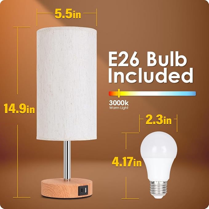 Yarra-Decor Bedside Lamp with USB A+C Port - Touch Control Table Lamp for Bedroom Wood 3 Way Dimmable Nightstand Lamp with Round Flaxen Fabric Shade for Home Office (LED Bulb Included)-Ruum Studio Home