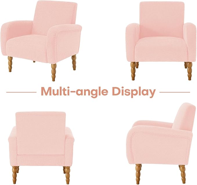 Chenille Fabric Accent Chair, Upholstered Armchair with Solid Wood Legs, Modern Living Room Accent Chair, Comfy Single Sofa Chair Reading Club Chair for Bedroom Reception Lounge, Pink-Ruum Studio Home