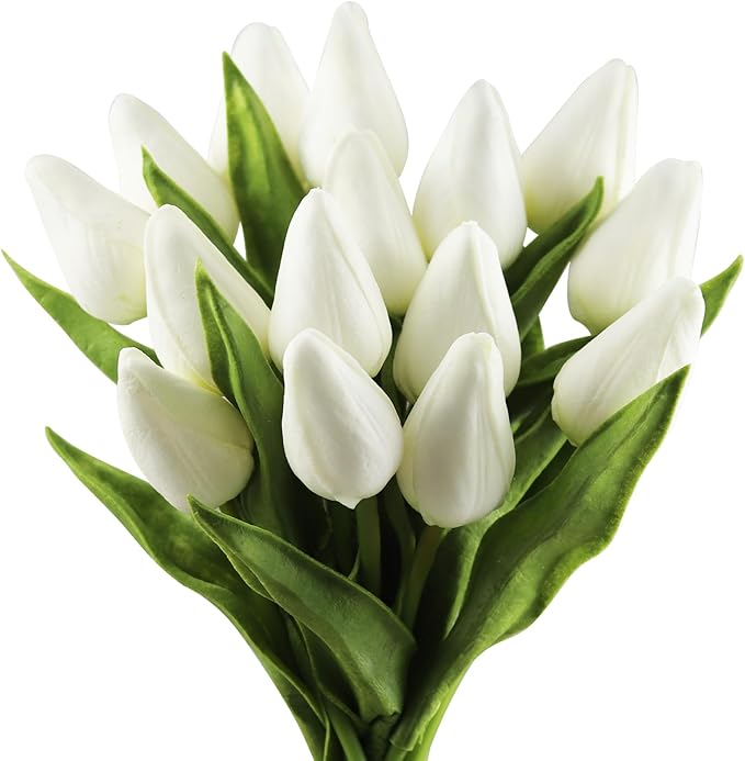 Buart Artificial Tulip in Bulk for Home Kitchen Wedding Bridal Bouquet,Fake White Flowers for Valentine's Day Mother's Day Easter Table Centerpieces Decorations(Mini Size,Real-Touch,12pcs)-Ruum Studio Home