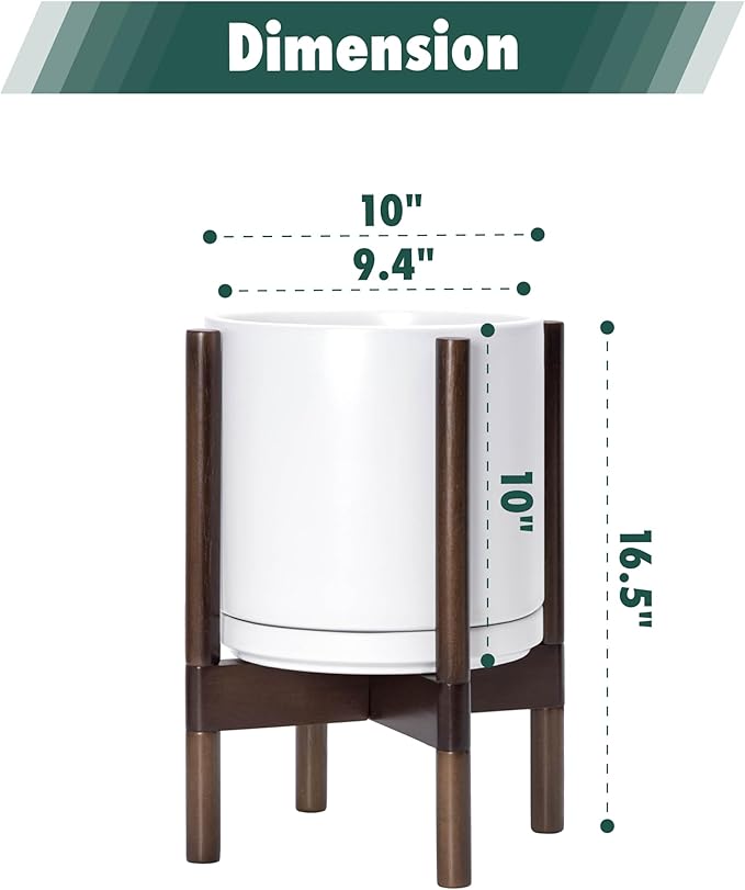 D'vine Dev Ceramic Planter with Walnut Color Stand - 10 Inch Modern Round Flower Pot with Wood Planter Holder, White, 55-B-X-1-Ruum Studio Home