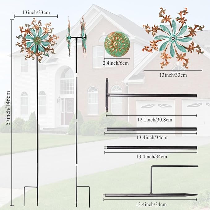 Viveta Wind Spinners Outdoor, Metal Wind Sculptures for Yard and Garden,13 * 57 "Double Windmill with Stable Stake-Ruum Studio Home