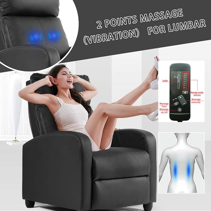 BestMassage | Recliner Chair | with 2 Point Massage Function | Black | with Lumbar Support, Adjustable Push Back, Wide Armrests, Footrest & Padded Seat | Easy Assembly | for Living Room, Home Theatre-Ruum Studio Home