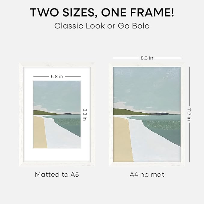 Homeforia A4 Picture Frame White Wood, High-End Oak 8.3 x 11.7 White Poster Frames Matted to 5.8 by 8.3 Photo, 8.3x11.7 Size Wooden Frame with Mat for 5.8x8.3 Print, Tempered Glass, Wall Kit, Set of 1-Ruum Studio Home