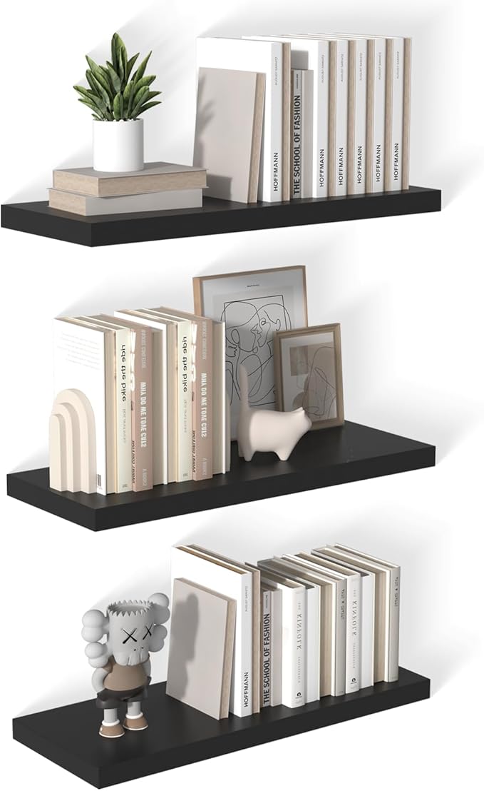 12 Inch Deep Floating Shelves for Wall 3 Pack Floating Shelves Large Storage Space Wall Mount Shelf for Living Room Kitchen Bathroom 30" W x 12" D x 1.2" H Black-Ruum Studio Home