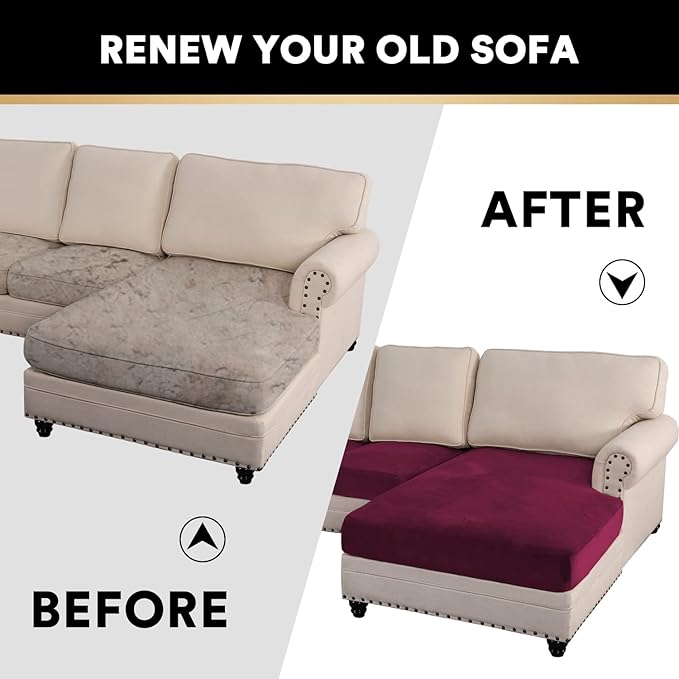 PrinceDeco Velvet Couch Covers - 4 Piece Set for Sectional Sofa (3 Seater + 1 Chaise, Burgundy)-Ruum Studio Home