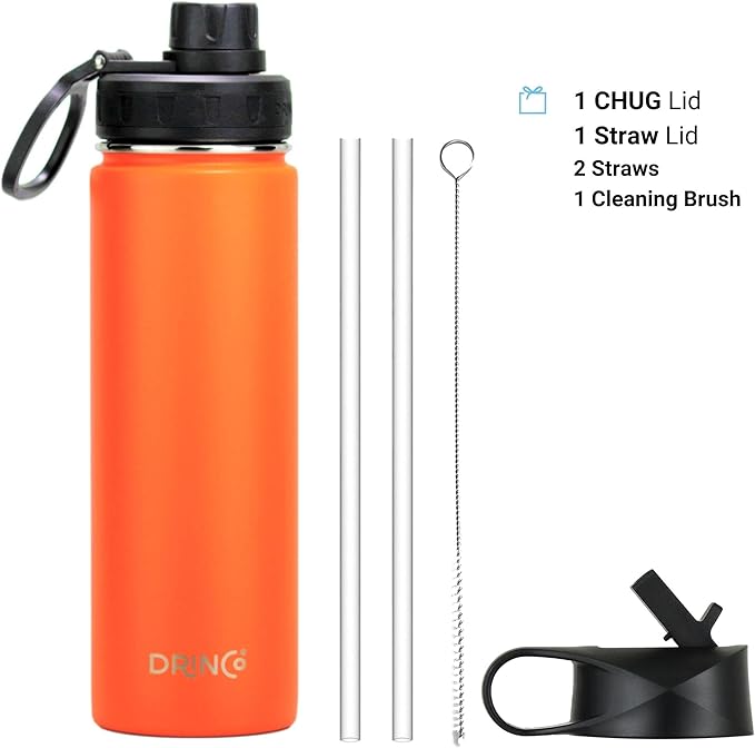 DRINCO Stainless Steel Water Bottle Spout Lid Vacuum Insulated Double Wall Water Bottle Wide Mouth (40oz 32oz 22oz 18oz 14oz) Leak Proof Keep Cold Sport Camping Hiking (22 oz, 22oz Orange)-Ruum Studio Home