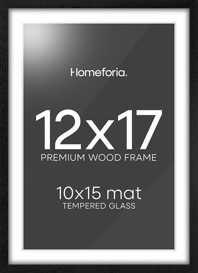 Homeforia 12x17 Picture Frame Black Wood, High End Oak 12x17 Poster Frames with Mat 10x15 Photo, 12 x 17 Wooden Frame Matted to 10 by 15 Print, 17x12 Hanging Frames, Tempered Glass, Wall Kit, Set of 1-Ruum Studio Home