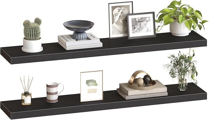 HOOBRO Floating Shelves for Wall, Wall Mounted Shelf Set of 2, 55" Hanging Shelf with Invisible Brackets, for Wall in Bathroom, Bedroom, Toilet, Kitchen, Living Room, Office, Black BK140BJP201-Ruum Studio Home