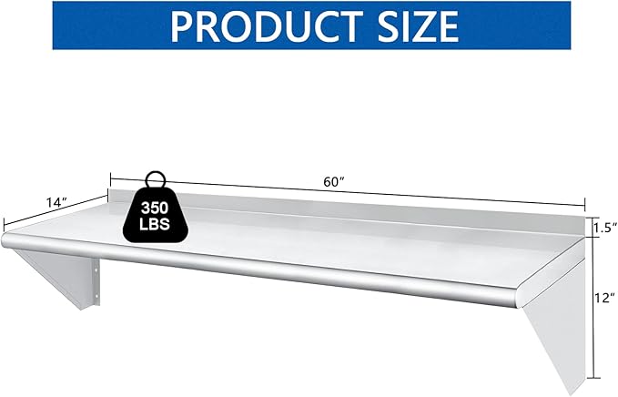 HARDURA Stainless Steel Shelf 14" x 60", 350lb Commercial Shelves Wall Mount Metal Shelving with Backsplash and Brackets for Kitchen, Restaurant, Laundry Room and Home-Ruum Studio Home