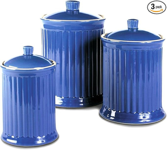 Omniware Simsbury 3-Piece Canister Set - Ceramic Storage Jars with Airtight Lids, Lead-Free Glaze, Dishwasher Safe - Vintage-Inspired Kitchen Containers for Flour, Sugar, Coffee (Simply Blue)-Ruum Studio Home
