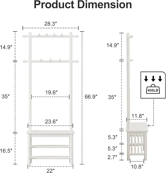 Coat Rack with Shoe Storage, Narrow Wooden Hall Tree with Bench, 11 Hooks and 2-Tier Storage Shelves, 3-in-1, Entryway Bench with Coat Rack (23.6"-Deep White)-Ruum Studio Home