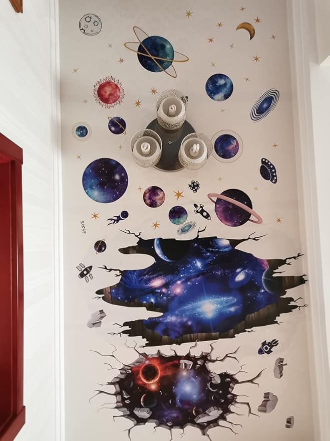 Quanhaigou Blue Purple Galaxy Wall Decals, Removable Sticker,The Art Magic 3D Milky Way Cosmic Stars Spacecraft Dreamscape Home Decor for Bedroom Living Room Floor Ceiling Kids Room-Ruum Studio Home