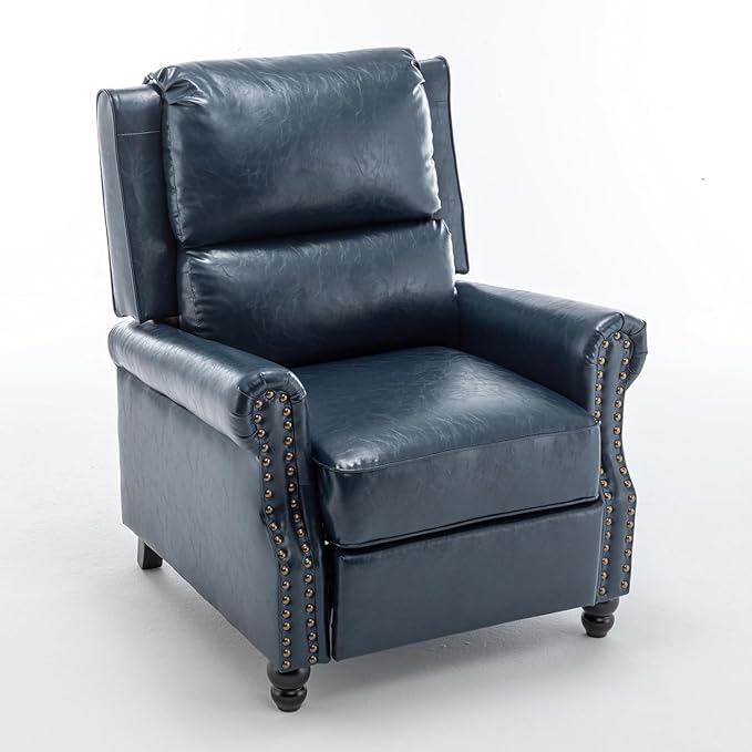 UIXE Pushback Recliner Chair, Faux Leather Armchair Overstuffed Accent Chair for Living Room, Rivet Trim Club Chair Home Theater Single Sofa Bedroom Side Reading Seat - Navy Blue-Ruum Studio Home