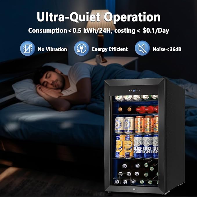 Tylza 130 Can Beverage Refrigerator Cooler, 3.22 Cu.Ft Beverage Cooler with Low-E Glass Door, Safety Lock, Beverage Fridge for Soda, Beer, Wine, Mini Fridge for Home, Office, Bar, Bedroom, Black-Ruum Studio Home