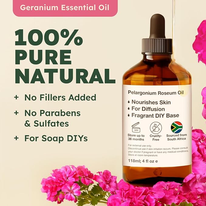 Kukka Rose Geranium Essential Oil for Skin - 4 Fl Oz - 100% Pure Natural Geranium Oil for Diffuser & Aromatherapy - Soap Making Scent & DIY-Ruum Studio Home