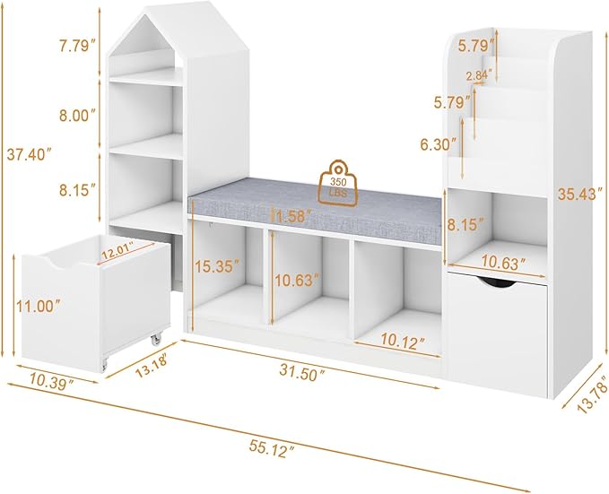 Vabches Kids Bookcase and Bookshelf with Reading Nook, Multifunctional Bookcase with 7 Storage Cubbies 2 Movable Drawers, Bookcases with Seat Cushion for Toy Storage Organizer Children's Room, Bedroom-Ruum Studio Home